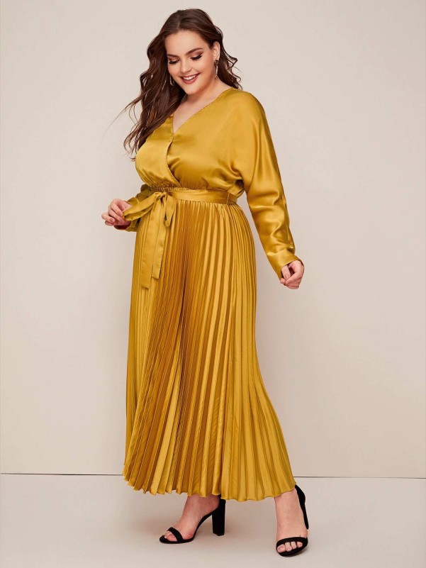 SHEIN FIT+ Plus Off Shoulder Pleated Dress  Yellow plus size dresses,  Pleated dress, Yellow formal dress