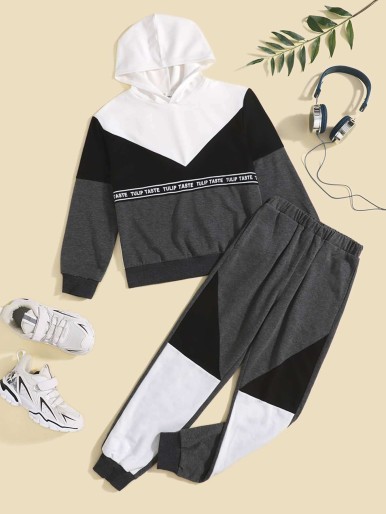 SHEIN Boys Letter Graphic Color Block Hoodie & Sweatpants