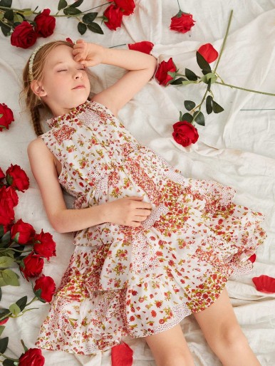 SHEIN Girls Frilled Neck Floral Print Layered Ruffle Hem Dress