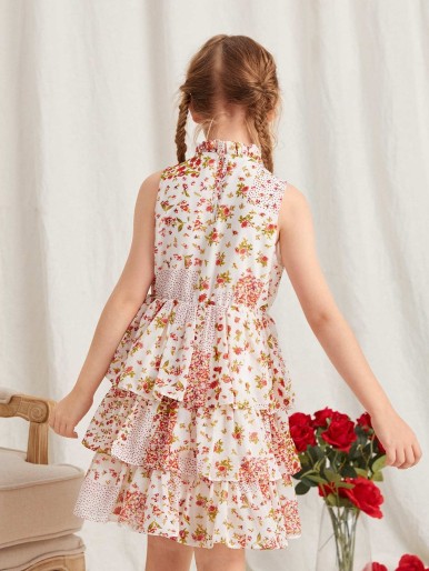 SHEIN Girls Frilled Neck Floral Print Layered Ruffle Hem Dress