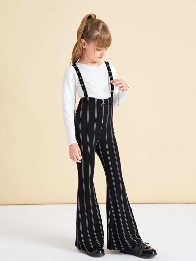 SHEIN Girls Striped Zipper Front Flare Leg Suspender Jumpsuit