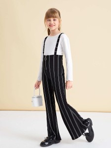 SHEIN Girls Striped Zipper Front Flare Leg Suspender Jumpsuit