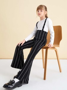 SHEIN Girls Striped Zipper Front Flare Leg Suspender Jumpsuit