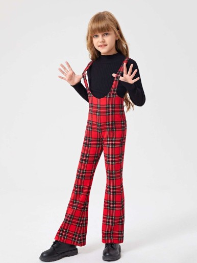 SHEIN Girls Tartan Print Flare Leg Suspender Jumpsuit Without Top