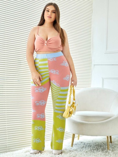 SHEIN Plus Striped & Floral Pattern Knit Pants