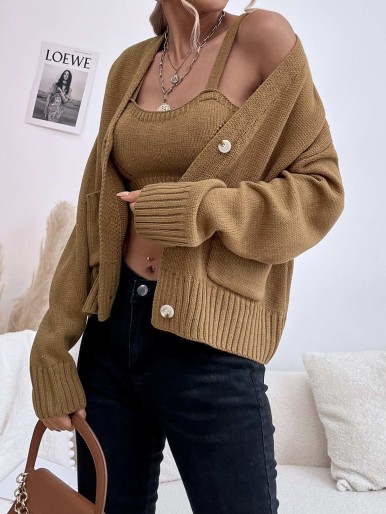 Solid Crop Knit Top And Button Up Cardigan