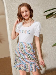 SHEIN Teen Girls Puff Sleeve Letter Graphic Tee and Skirt Set