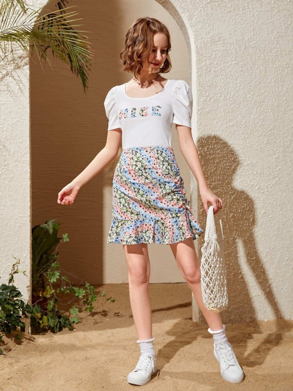 SHEIN Teen Girls Puff Sleeve Letter Graphic Tee and Skirt Set