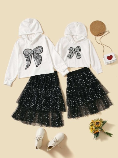 Toddler Girls 1pc Bow Sequin Patched Hoodie & 1pc Star Print Mesh Skirt