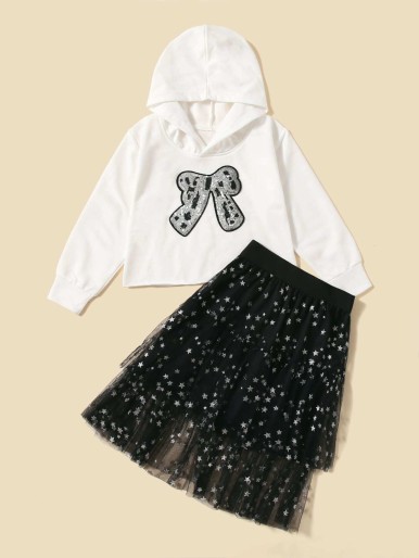 Toddler Girls 1pc Bow Sequin Patched Hoodie & 1pc Star Print Mesh Skirt