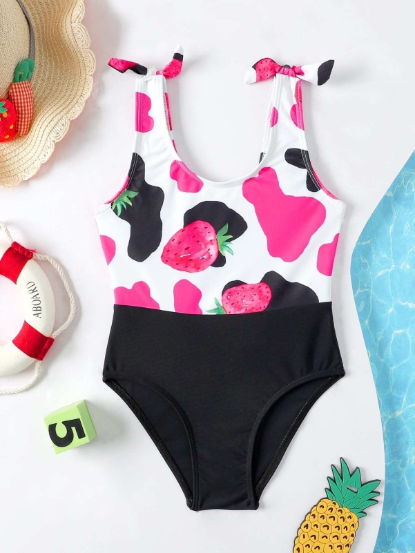 Toddler Girls Cow & Strawberry Print One Piece Swimsuit