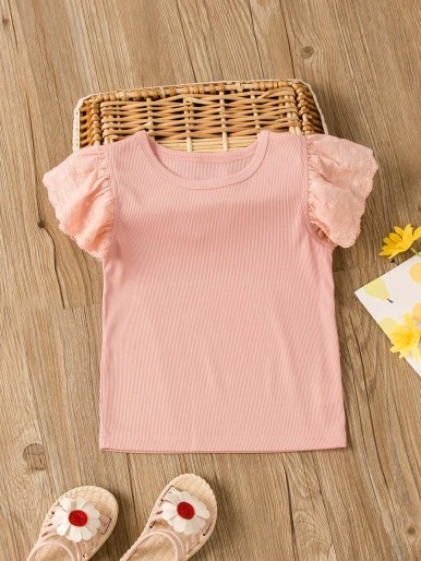 Toddler Girls Eyelet Embroidery Butterfly Sleeve Tee