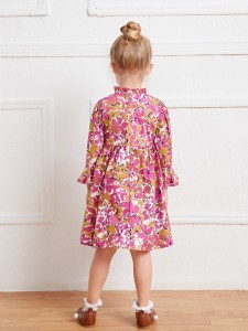 SHEIN فستان بأكمام مكشكشة بشريط متباين وبطباعة زهور للفتيات الصغيرات