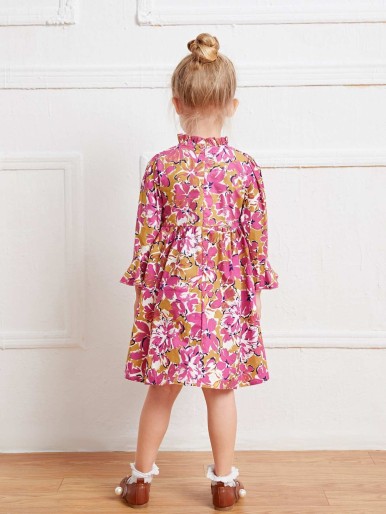 SHEIN فستان بأكمام مكشكشة بشريط متباين وبطباعة زهور للفتيات الصغيرات