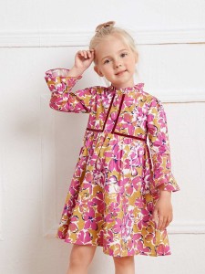 SHEIN Toddler Girls Floral Print Contrast Tape Flounce Sleeve Dress