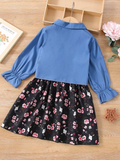 Toddler Girls Flounce Sleeve Tie Hem Blouse & Floral Print Dress