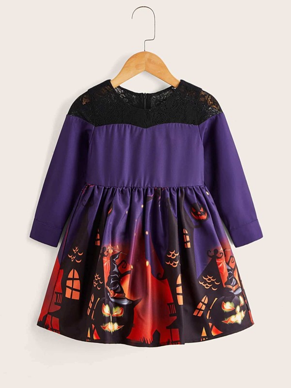 Toddler Girls Halloween Print Lace Yoke Tie Back Party Dress