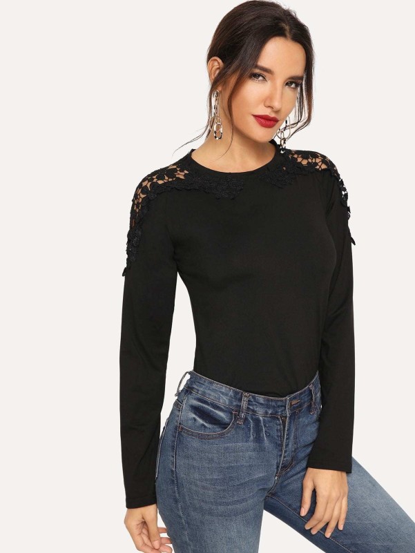 Contrast Lace Raglan Sleeve T-Shirt