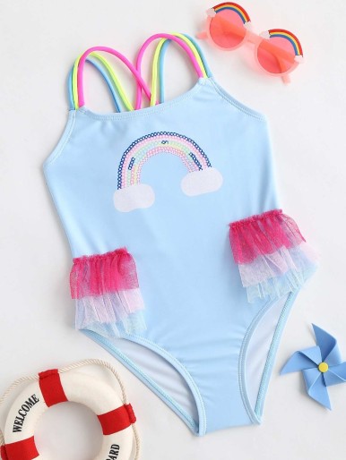 Toddler Girls Rainbow Print Ruffle Trim One Piece Swimsuit