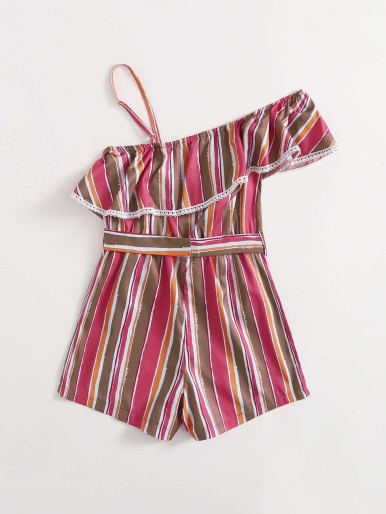 Girls Asymmetric Neck Striped Belt Romper