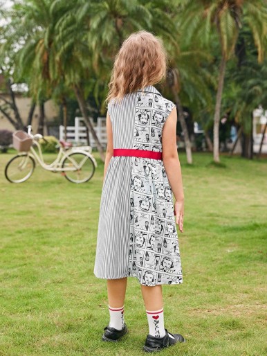 SHEIN Girls Pop Art & Striped Print Contrast Tape Detail Dress