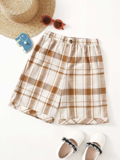 SHEIN Girls Rolled Hem Plaid Shorts