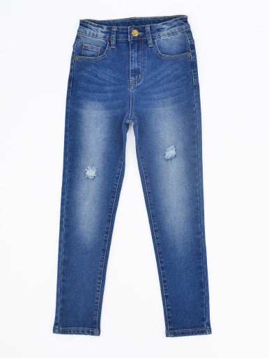 Girls Bleach Wash Ripped Frayed Tapered Jeans