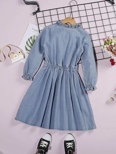 Girls Cartoon Embroidery Frill Trim Flounce Sleeve Denim Dress