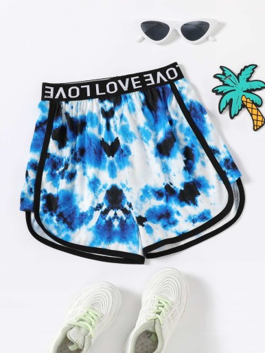 Girls Letter Tape Tie Dye Track Shorts