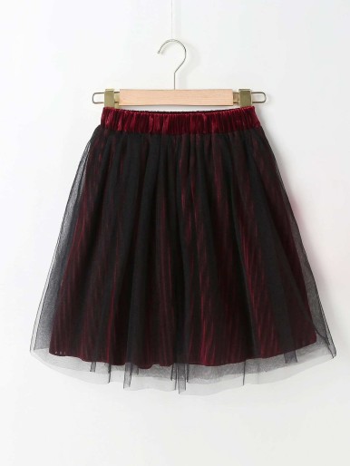 Girls Mesh Overlay Velvet Skirt