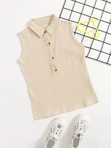 Girls Rib Knit Button Tank Top