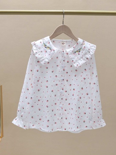 Girls Strawberry Print Floral Embroidery Statement Collar Flounce Sleeve Blouse