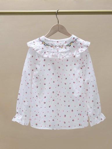 Girls Strawberry Print Floral Embroidery Statement Collar Flounce Sleeve Blouse
