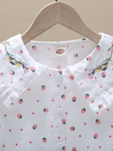 Girls Strawberry Print Floral Embroidery Statement Collar Flounce Sleeve Blouse