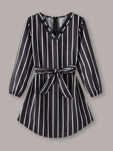 Girls Striped Print Button Front Belted Dress