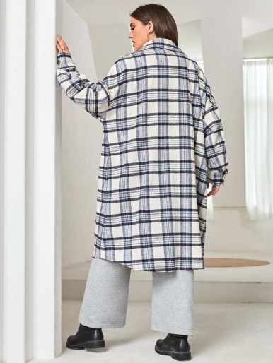 SHEIN Plus Tartan Print Drop Shoulder Overcoat