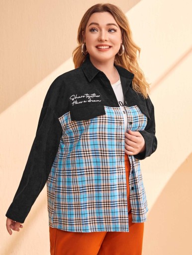 SHEIN Plus Slogan Embroidery Tartan Drop Shoulder Coat
