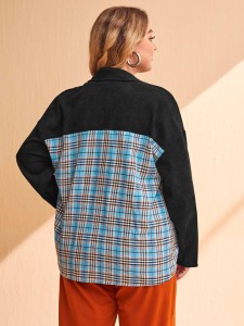 SHEIN Plus Slogan Embroidery Tartan Drop Shoulder Coat