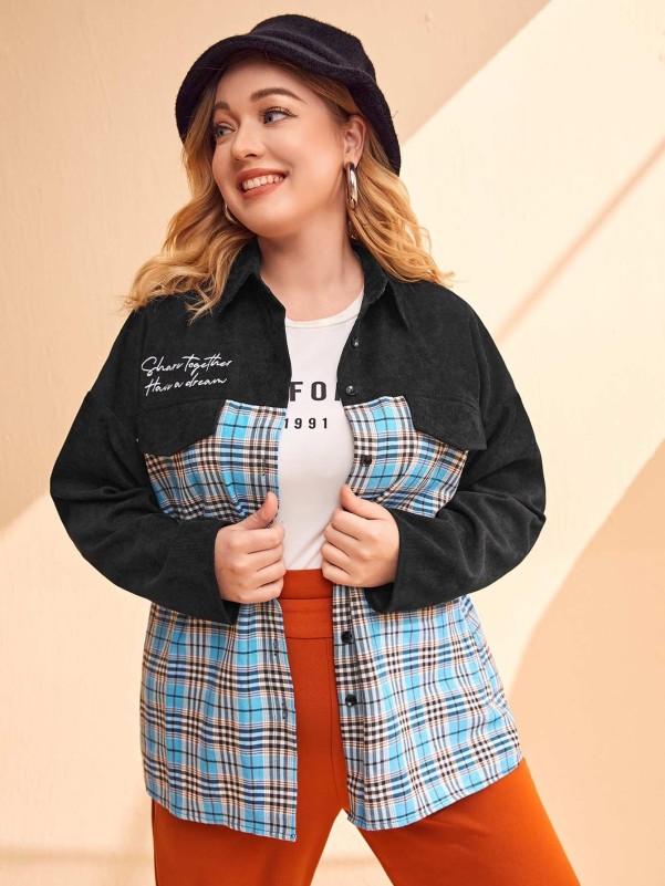 SHEIN Plus Slogan Embroidery Tartan Drop Shoulder Coat