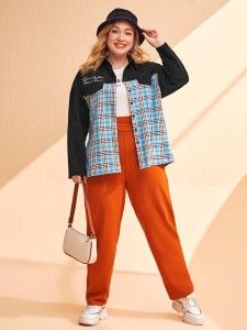 SHEIN Plus Slogan Embroidery Tartan Drop Shoulder Coat