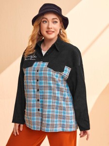 SHEIN Plus Slogan Embroidery Tartan Drop Shoulder Coat