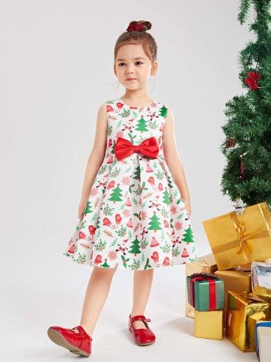Toddler Girls Christmas Print Bow Front Fold Pleated Tie Back Gown Dress