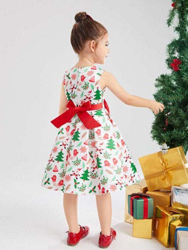 Toddler Girls Christmas Print Bow Front Fold Pleated Tie Back Gown Dress