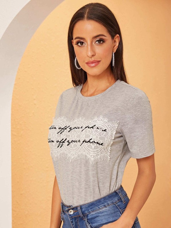 Contrast Lace Letter Tee