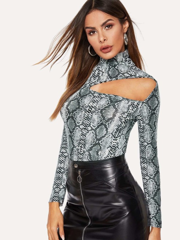 High Neck Cut Out Snakeskin Fitted Top