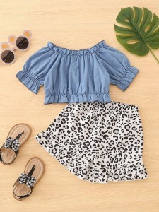 Toddler Girls Puff Sleeve Frill Top & Leopard Ruffle Hem Shorts