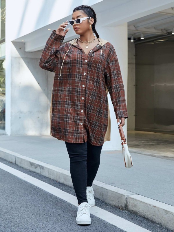 SHEIN Plus Hooded Plaid Drawstring Hoodie