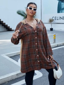 SHEIN Plus Hooded Plaid Drawstring Hoodie