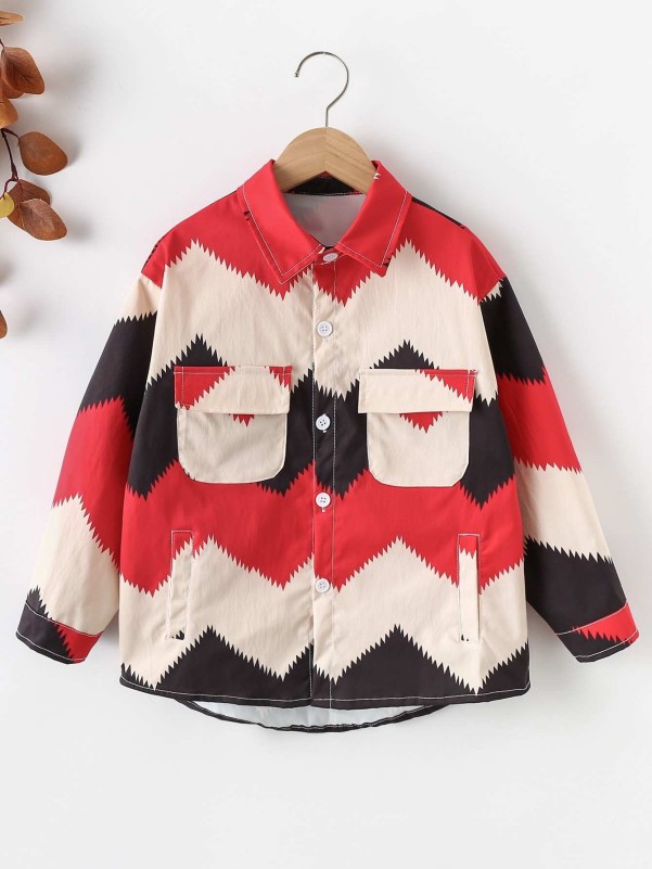 Boys Chevron Print Colorblock Flap Pocket Shirt