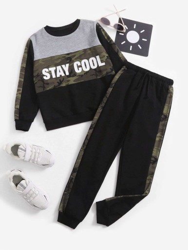 SHEIN Boys Color Block Letter And Camo Print Pullover & Sweatpants